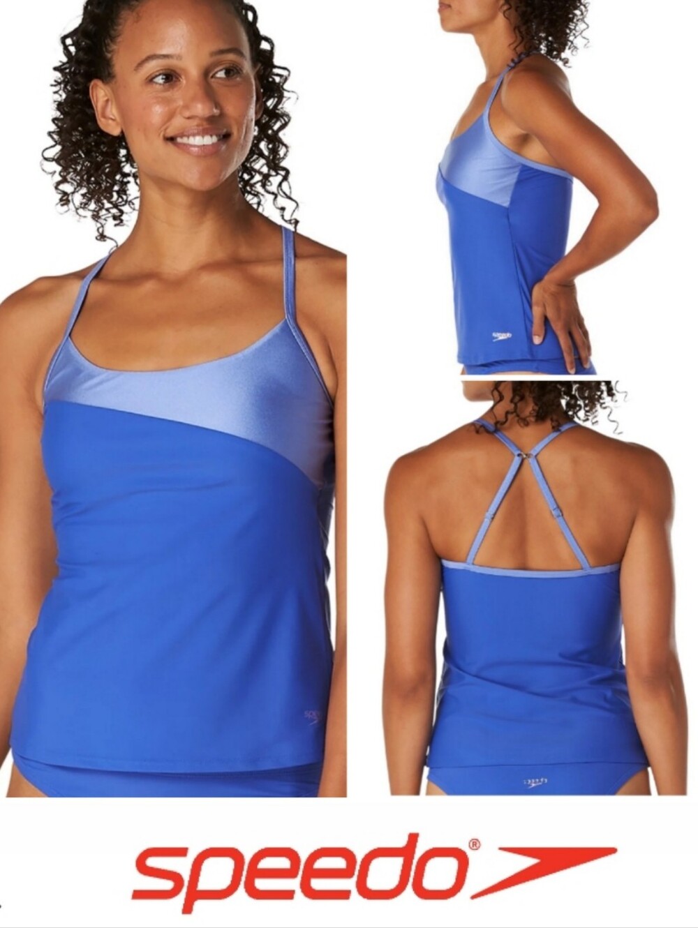 UPF50 Speedo Quick Dry Colorblock Tankini Top, Removable Cups, Dazzling Blue